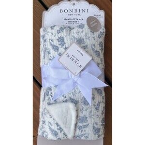 BONBINI Cotton Muslin Baby Blanket Blue Paisley Floral Soft Lining White New
